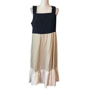 52seven Women's Sleeveless Color Block Tiered Linen Midi Dress SZ 1X Navy Tan